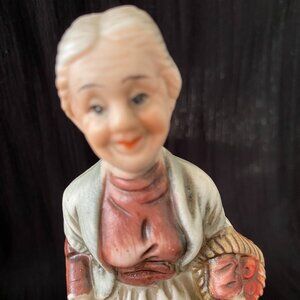 Vintage Norleans Japan Porcelain Figurine ~ Old Woman in red with cane & basket